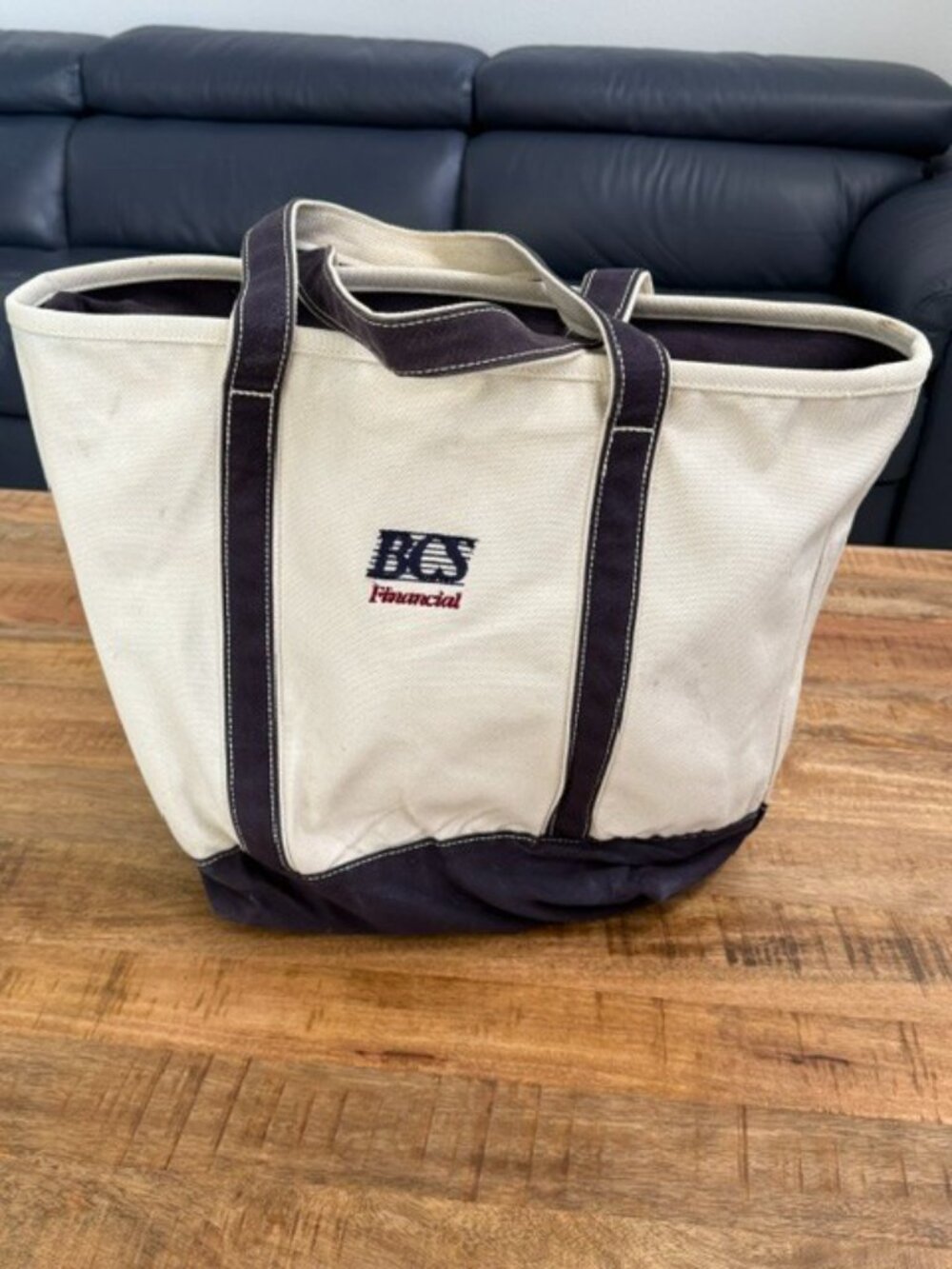 Lands End Heavy Duty Canvas Boat Tote XL Cream Navy USA Retro Zip Zipper Spots - Picture 2 of 16